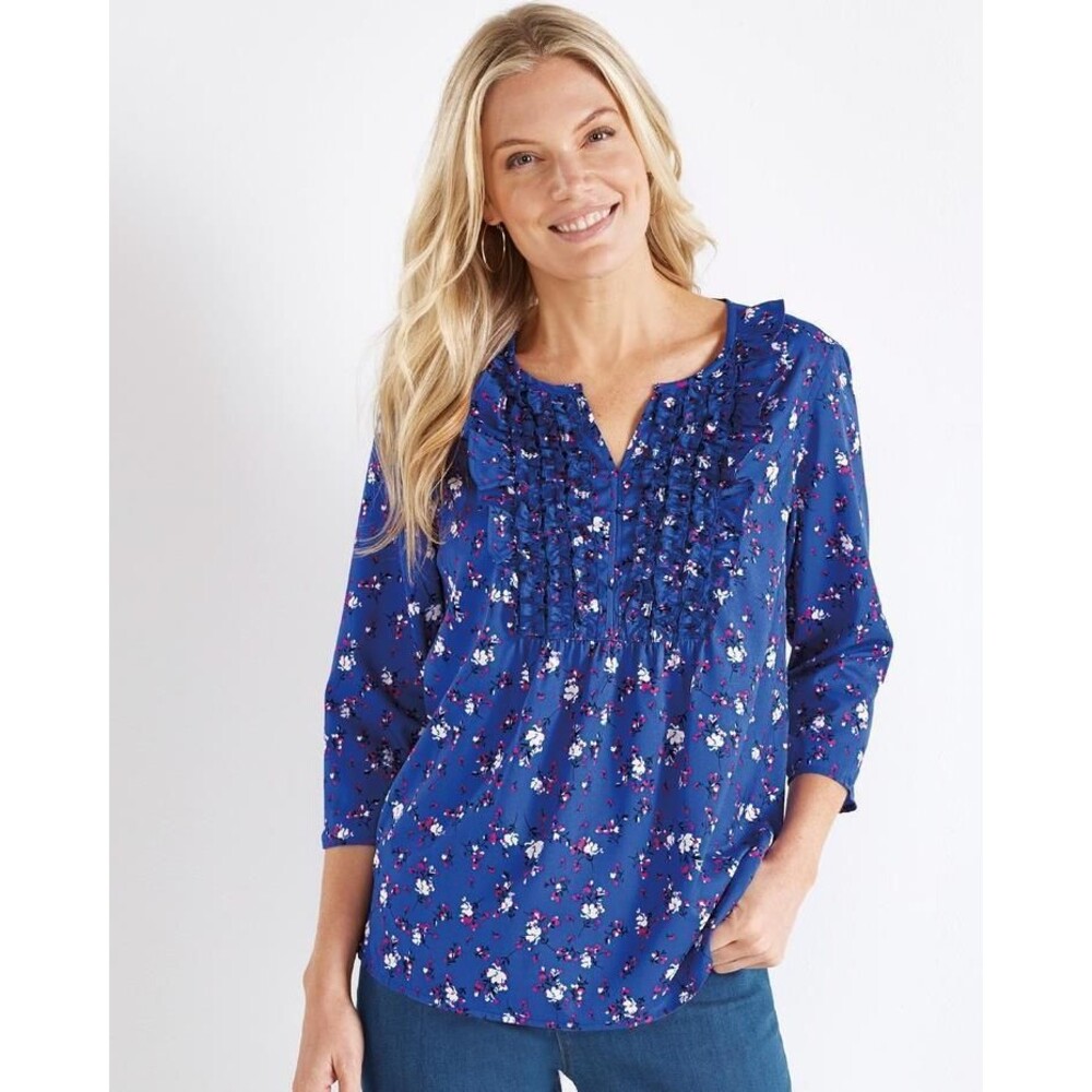 NEW Blue Floral Sz Medium Casual or Dress Ruffled Blouse AMERICAN SWEETHEART